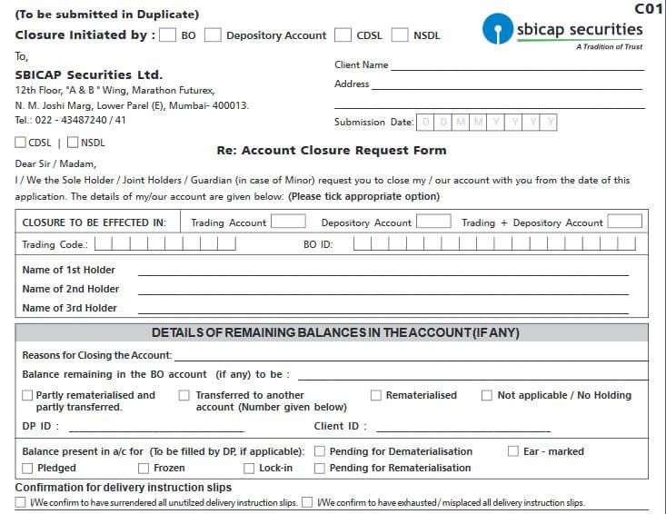 SBICAP Demat Account Closure Form